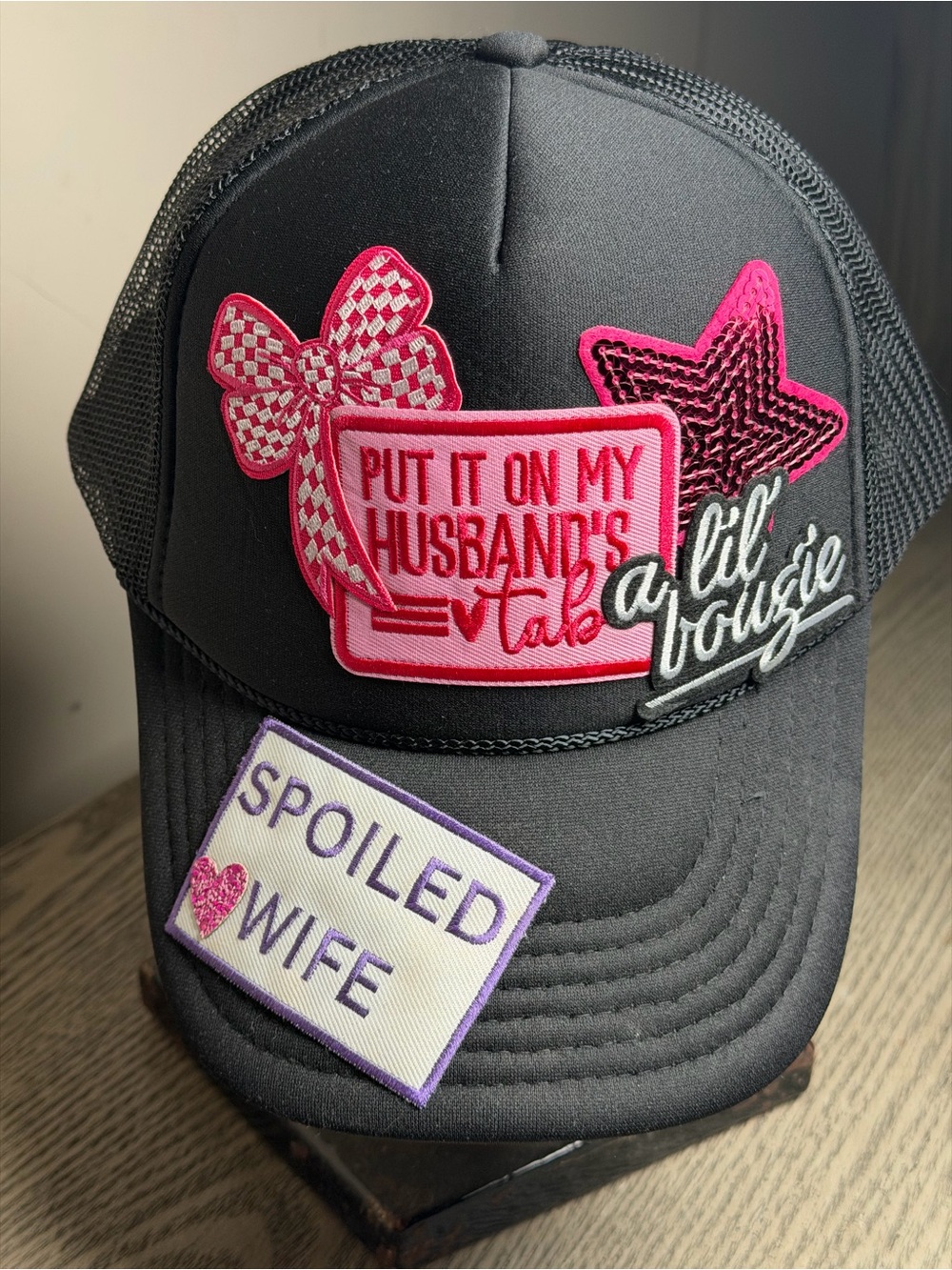 Black Trucker Hat with Pink Patch Accents
